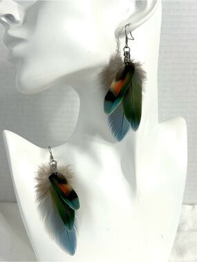 Feather Earrings Dangle Handmade USA New All Natural Rare Turquoise Green 4"